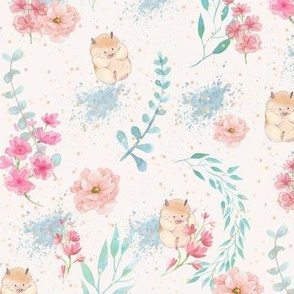 Hamsters on watercolour carnation floral 