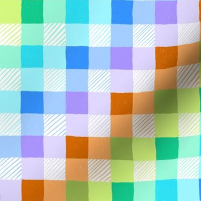 Pencil scribble gingham in blue, orange and green