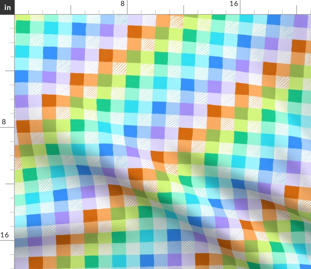 Pencil scribble gingham in blue, orange and green
