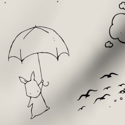 BIG black and white bunnies Umbrellas and birds