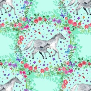 Mama and Baby Unicorn in a Flower Circle on Mint - small