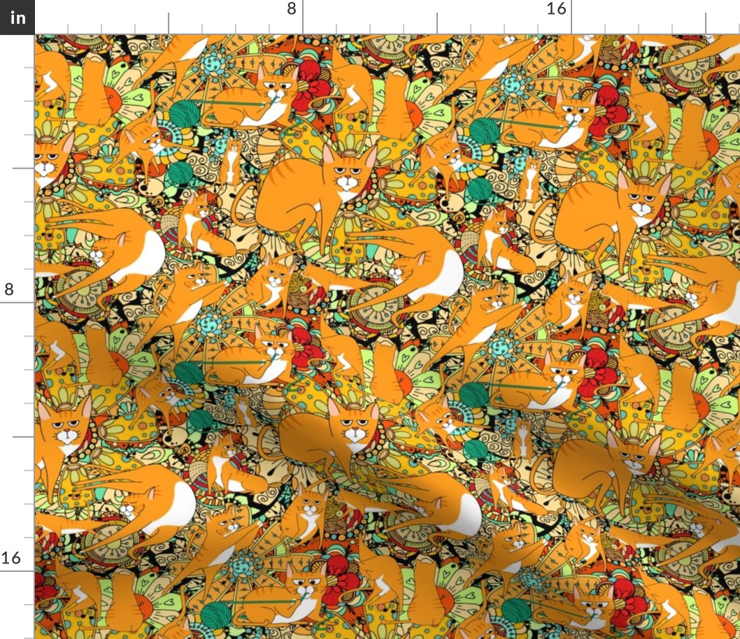 Orange Angry pussy  cat on bright retro 70s floral