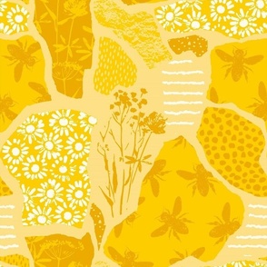 Large Scale Abstract Floral Honeycomb Yellow White Gold Bees Daisy Flowers Honey Pollinators