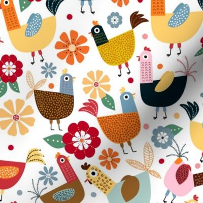 Bigger Scale - Hen Party - Colorful Chickens on White