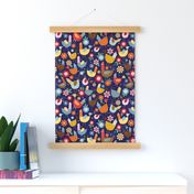 Bigger Scale - Hen Party - Colorful Chickens on Dark Navy Background