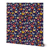 Bigger Scale - Hen Party - Colorful Chickens on Dark Navy Background