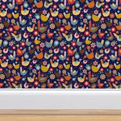 Bigger Scale - Hen Party - Colorful Chickens on Dark Navy Background