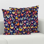 Bigger Scale - Hen Party - Colorful Chickens on Dark Navy Background