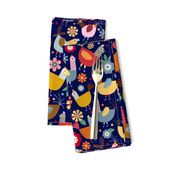 Bigger Scale - Hen Party - Colorful Chickens on Dark Navy Background