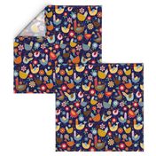 Bigger Scale - Hen Party - Colorful Chickens on Dark Navy Background