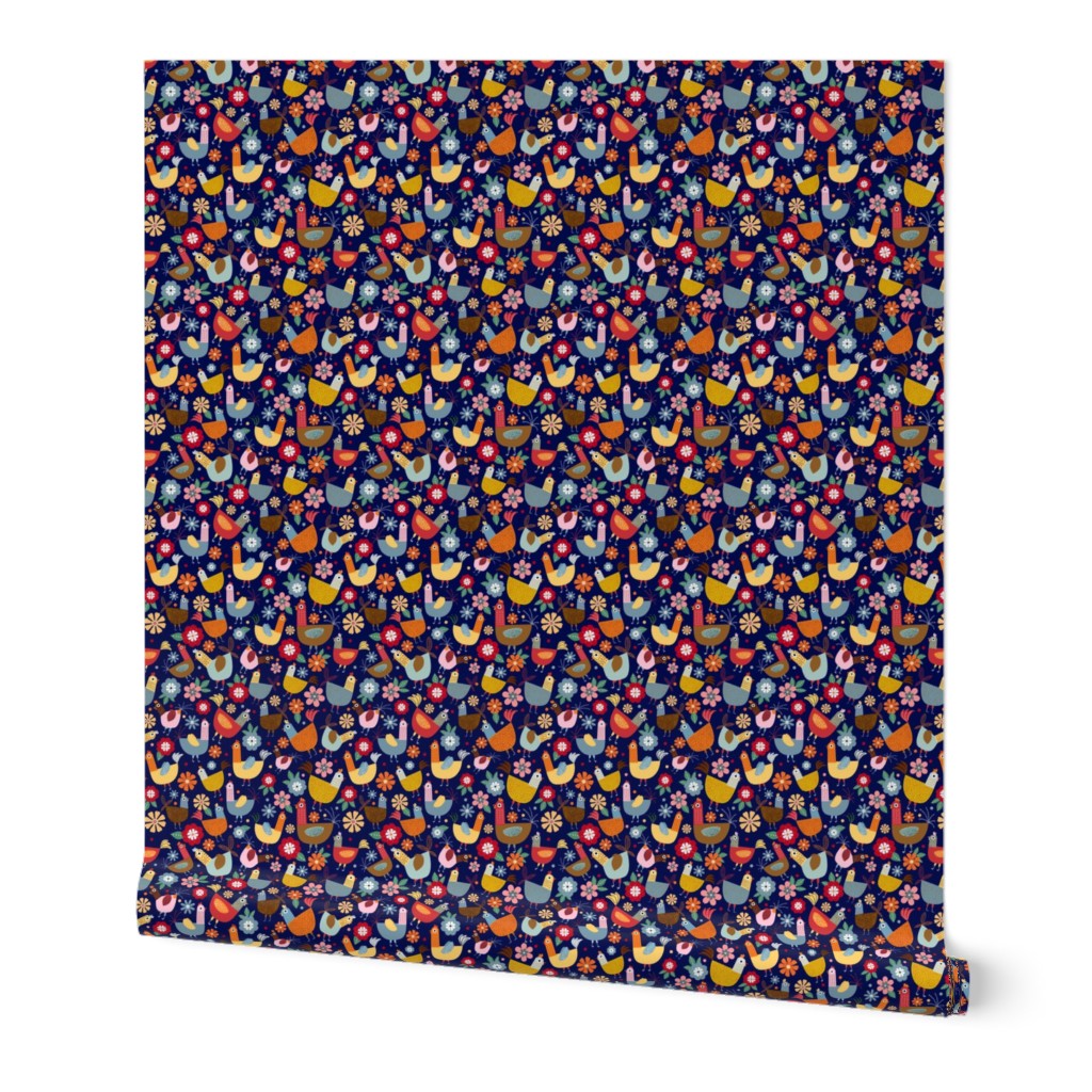 Smaller Scale - Hen Party - Colorful Chickens on Dark Navy Background