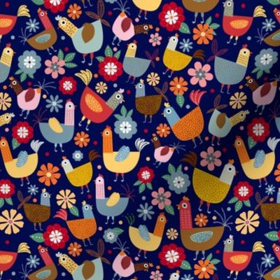 Smaller Scale - Hen Party - Colorful Chickens on Dark Navy Background