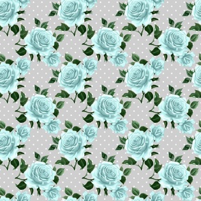 Large Scale Aqua Shabby Roses with Polkadots on Grey