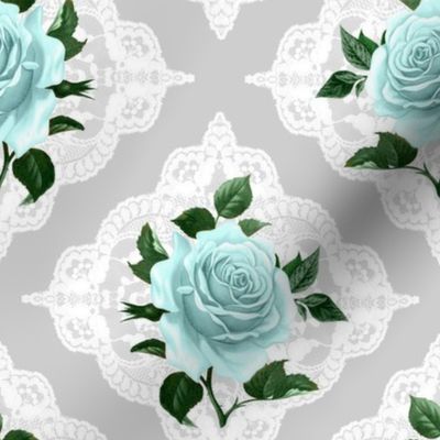 Large Scale Aqua Roses on Lace - Pale Grey Background