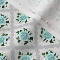 Small Scale Aqua Roses on Lace - Pale Grey Background