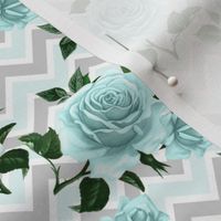 Medium Scale Shabby Aqua Roses on Grey White Aqua Chevron Stripes