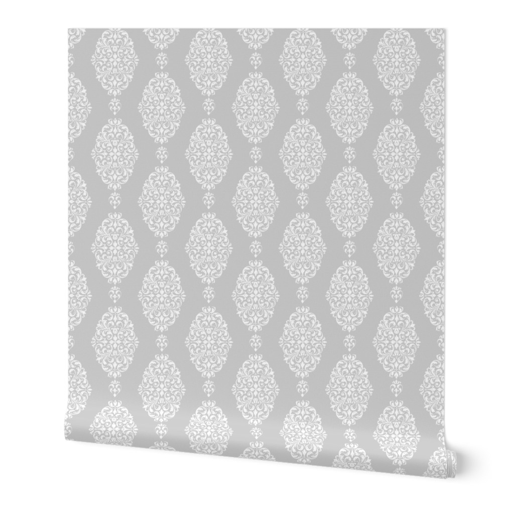 Bigger Scale Shabby White Damask on Grey