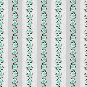 Bigger Scale Shabby Aqua Roses and Lace on Grey Stripes