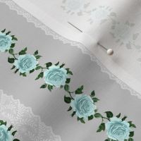 Smaller Scale Shabby Aqua Roses and Lace on Grey Stripes