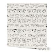 Large Scale Black and White Dog Breed Faces Doodle Sketches Paw Prints and Bones