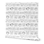 Large Scale Black and White Dog Breed Faces Doodle Sketches Paw Prints and Bones