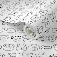 Medium Scale Black and White Dog Breed Faces Doodle Sketches Paw Prints and Bones