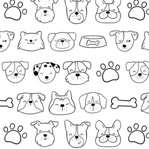 Medium Scale Black and White Dog Breed Faces Doodle Sketches Paw Prints and Bones
