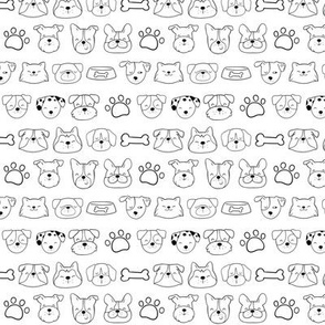 Small Scale Black and White Dog Breed Faces Doodle Sketches Paw Prints and Bones