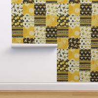 Bigger Scale Patchwork 6" Squares Abstract Bees and Honeycomb Floral Yellow Gold Black Ivory Honey Pollinators Cheater Quilt