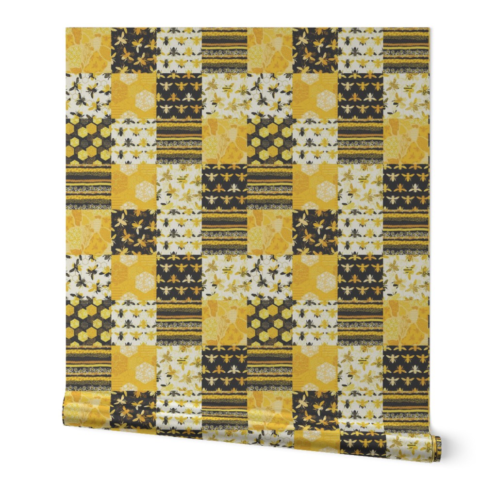 Smaller Scale Patchwork 3" Squares Abstract Bees and Honeycomb Floral Yellow Gold Black Ivory Honey Pollinators Cheater Quilt