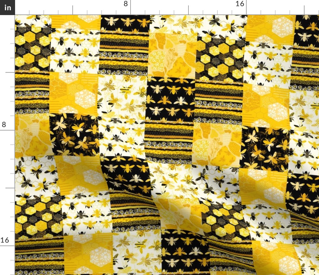Smaller Scale Patchwork 3" Squares Abstract Bees and Honeycomb Floral Yellow Gold Black Ivory Honey Pollinators Cheater Quilt
