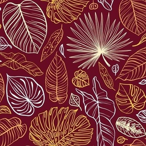 Tropical Line Drawing on Burgundy Red