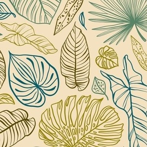 botanical neutral  - tropical leaves line drawing 