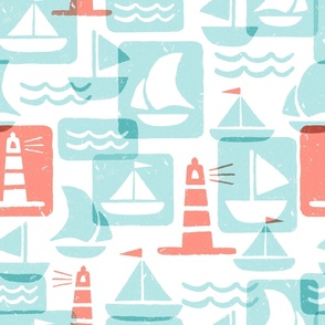 Large Nautical Sailboats Beach Waves Lighthouses in Coral Aqua Soft Palette Block Style