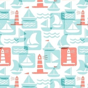 Small Nautical Sailboats Beach Waves Lighthouses in Coral Aqua Soft Palette Block Style