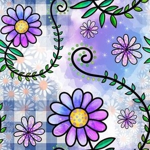 Smaller Scale Colorful Bright Flower Collage Daisies and Vines in Blue Purple Pink