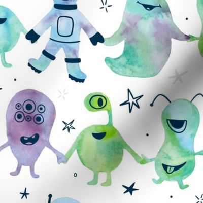 Galaxy Pals Watercolor Aliens and Astronauts in Space