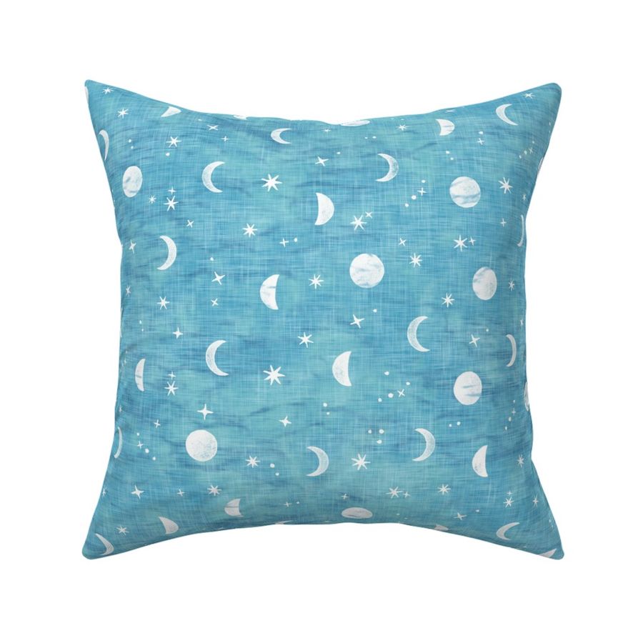 Shibori Moons and Stars on Turquoise | Night sky fabric, block printed moon on linen pattern, crescent moon, arashi shibori linen in azure blue and turquoise.