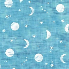Shibori Moons and Stars on Turquoise | Night sky fabric, block printed moon on linen pattern, crescent moon, arashi shibori linen in azure blue and turquoise.
