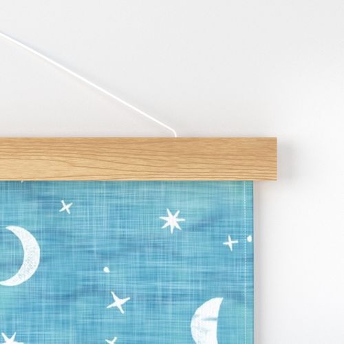 Shibori Moons and Stars on Turquoise (xl scale) | Night sky fabric, block printed moon on linen pattern, crescent moon, arashi shibori linen in azure blue and turquoise.