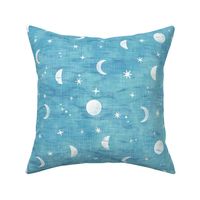 Shibori Moons and Stars on Turquoise (large scale) | Night sky fabric, block printed moon on linen pattern, crescent moon, arashi shibori linen in azure blue and turquoise.