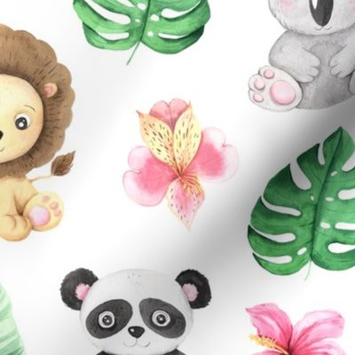 Large Tropical Jungle Nursery Baby Animals and Flowers