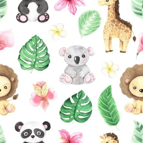 Large Tropical Jungle Nursery Baby Animals and Flowers