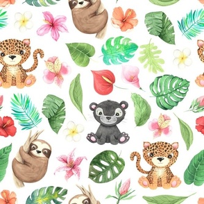 Large Tropical Jungle Nursery Baby Animals and Colorful Flowers Sloth Leopard