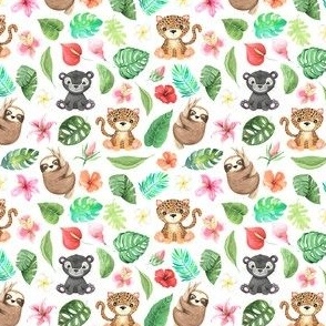 Small Tropical Jungle Nursery Baby Animals and Colorful Flowers Sloth Leopard
