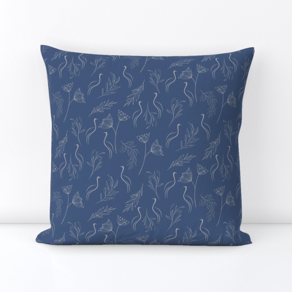 Transitional French country chic Grey heron birds on  blue  botanical