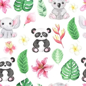 Large Tropical Jungle Baby Animals Flowers and Leaves Elephant Panda Koala