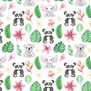 Small Tropical Jungle Baby Animals Flowers and Leaves Elephant Panda Koala