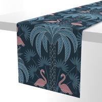 Palm Trees and Flamingo - Art Deco Tropical Damask - deep muted navy blue - silver faux foil - extra large scale