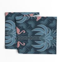 Palm Trees and Flamingo - Art Deco Tropical Damask - deep muted navy blue - silver faux foil - extra large scale